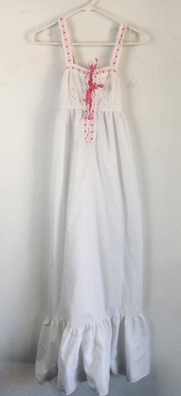 Trillium Vintage Long Nightgown White Pink Ribbon Small Eyelet Cottagecore